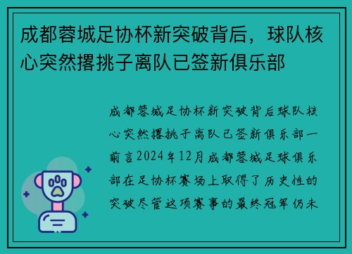 成都蓉城足协杯新突破背后，球队核心突然撂挑子离队已签新俱乐部
