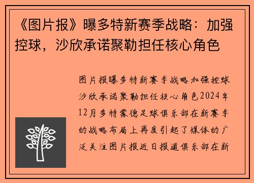 《图片报》曝多特新赛季战略：加强控球，沙欣承诺聚勒担任核心角色