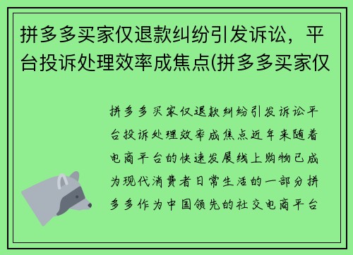 拼多多买家仅退款纠纷引发诉讼，平台投诉处理效率成焦点(拼多多买家仅退款申请质量问题怎么办)
