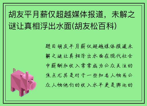 胡友平月薪仅超越媒体报道，未解之谜让真相浮出水面(胡友松百科)