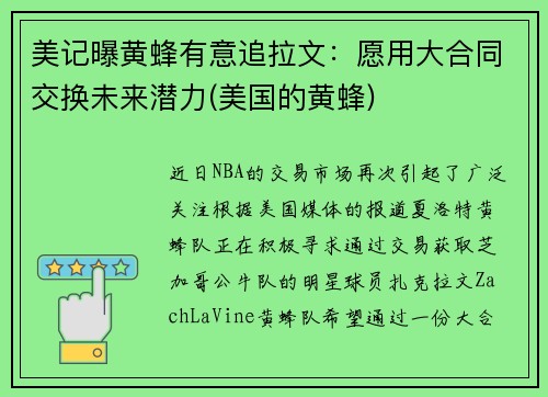 美记曝黄蜂有意追拉文：愿用大合同交换未来潜力(美国的黄蜂)