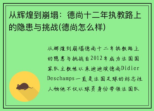从辉煌到崩塌：德尚十二年执教路上的隐患与挑战(德尚怎么样)