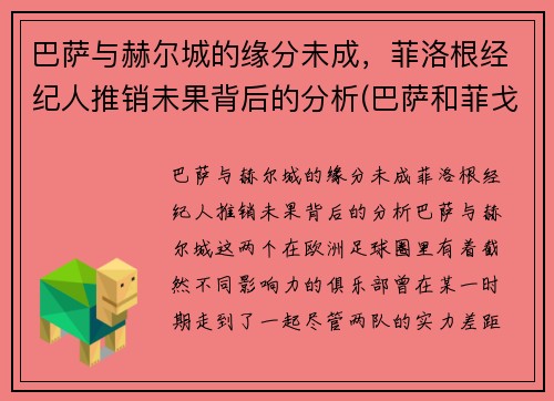 巴萨与赫尔城的缘分未成，菲洛根经纪人推销未果背后的分析(巴萨和菲戈)