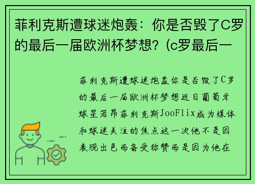 菲利克斯遭球迷炮轰：你是否毁了C罗的最后一届欧洲杯梦想？(c罗最后一次欧洲杯)