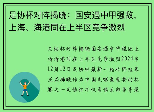 足协杯对阵揭晓：国安遇中甲强敌，上海、海港同在上半区竞争激烈