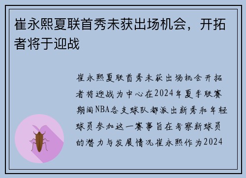 崔永熙夏联首秀未获出场机会，开拓者将于迎战