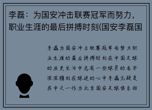 李磊：为国安冲击联赛冠军而努力，职业生涯的最后拼搏时刻(国安李磊国航)