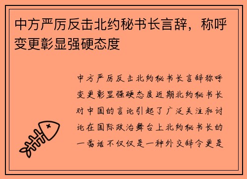 中方严厉反击北约秘书长言辞，称呼变更彰显强硬态度